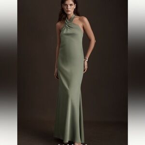 BHLDN Ruby Twist Halter Satin Gown Moss Green